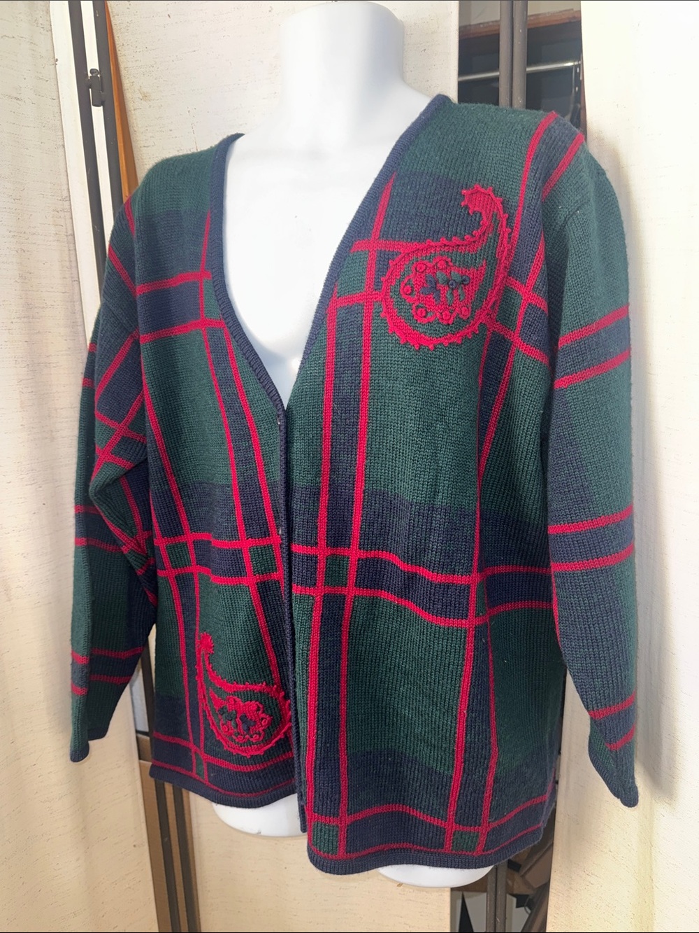 Vintage Pendleton Red Green, Navy Plus Size Wool Cardigan
